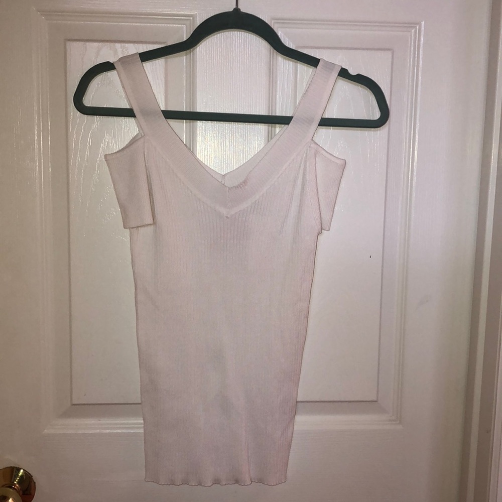 White sweater tank, short sleeve off the shoulder